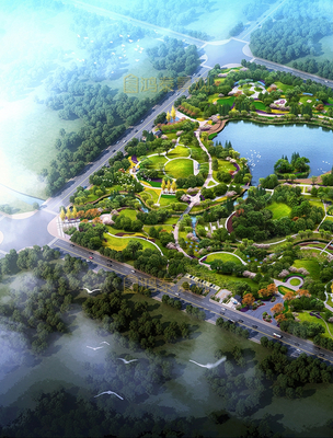 濱河公園環湖景觀設計鳥瞰效果圖展示